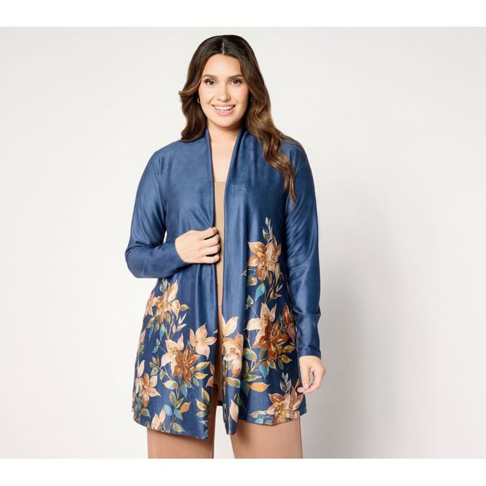 Susan Graver Women's Plus Sz Jacket 1X Printed Faux Suede Open Front Blue